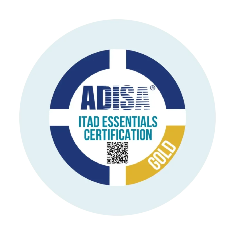 Logo der ADISA ITAD Essentials Gold-Zertifizierung für zertifizierte ITAD-Dienstleistungen und sichere Datenvernichtung.