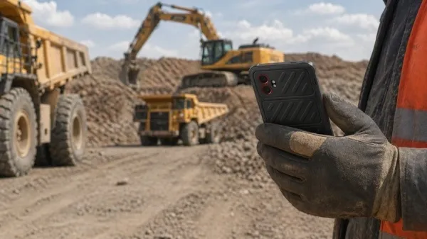 Smartphone ruggedised Samsung Galaxy utilisé sur un chantier avec des engins lourds