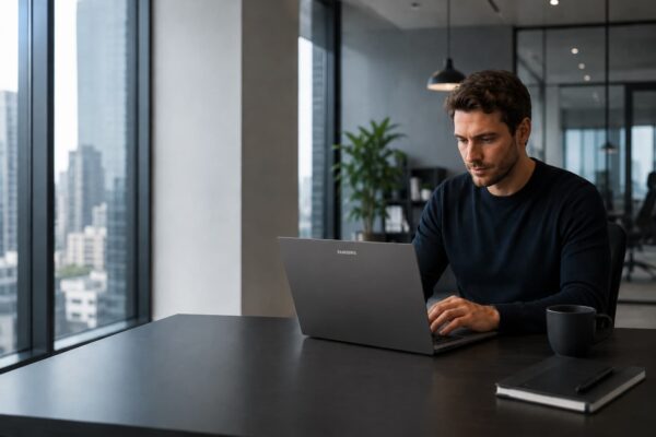 Utilisateur professionnel travaillant sur un ordinateur portable Samsung Galaxy Book6 dans un bureau moderne
