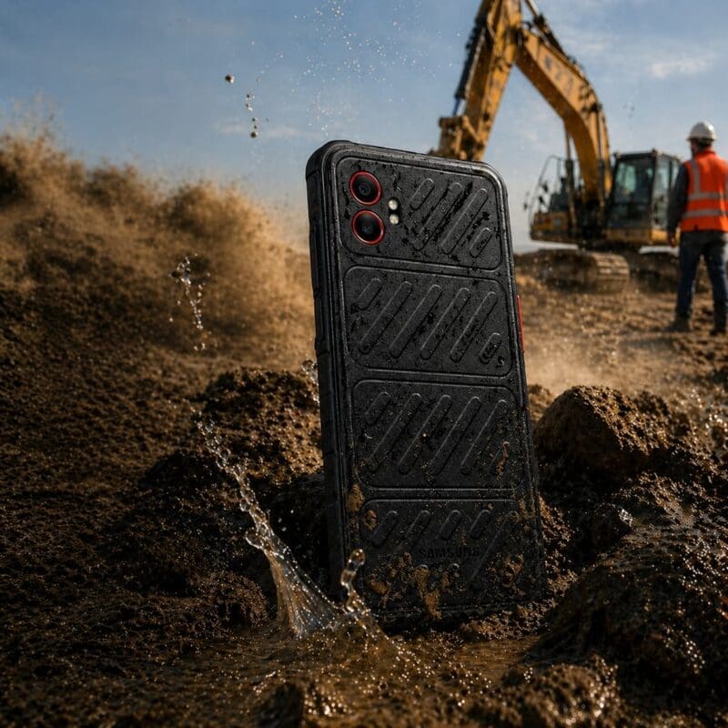 Samsung Galaxy XCover7 ruggedised smartphone in a muddy construction site environment